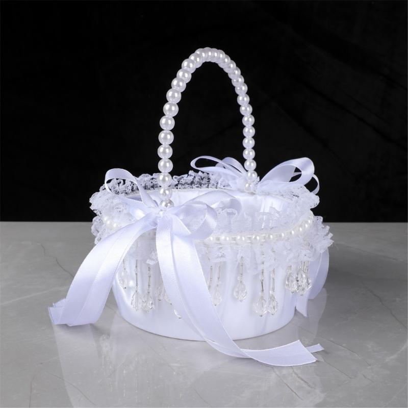 Elegant Crystal Pearls Tassels Basket For Wedding Party Decorations Handcrafted Floral Container With Silk Fabric