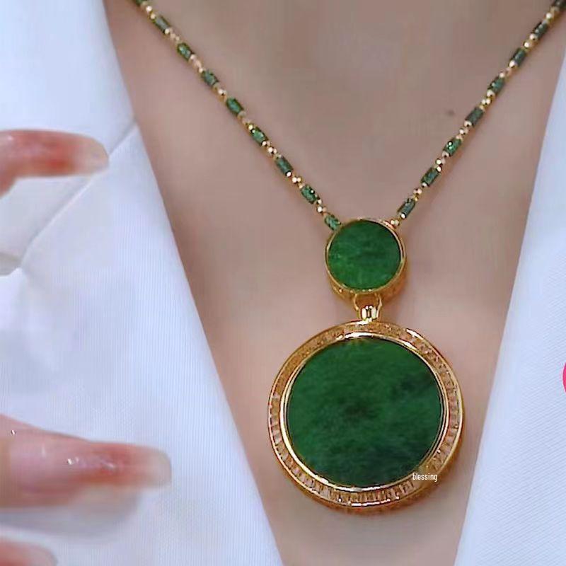 Jade Green Mountain Water Pendant Necklace with Gold Inlaid Bright Green Wushi Pai