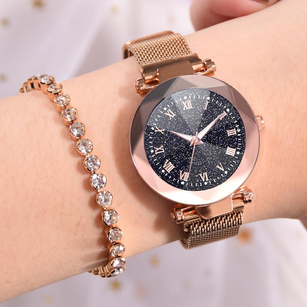 Women Sky Starry Luminous Watch Roman Numerals Quartz Watch Magnet Wristwatch