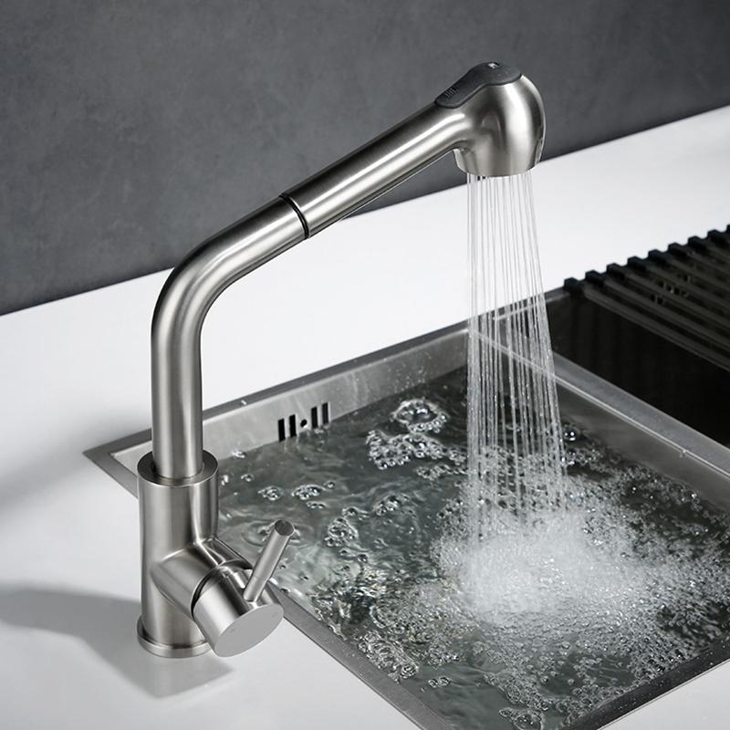 304 Stainless Steel Pull-out Kitchen Faucet Hot and Cold Mixed Water Washbasin Faucet Nickel Rotary Kitchen Sink Tap