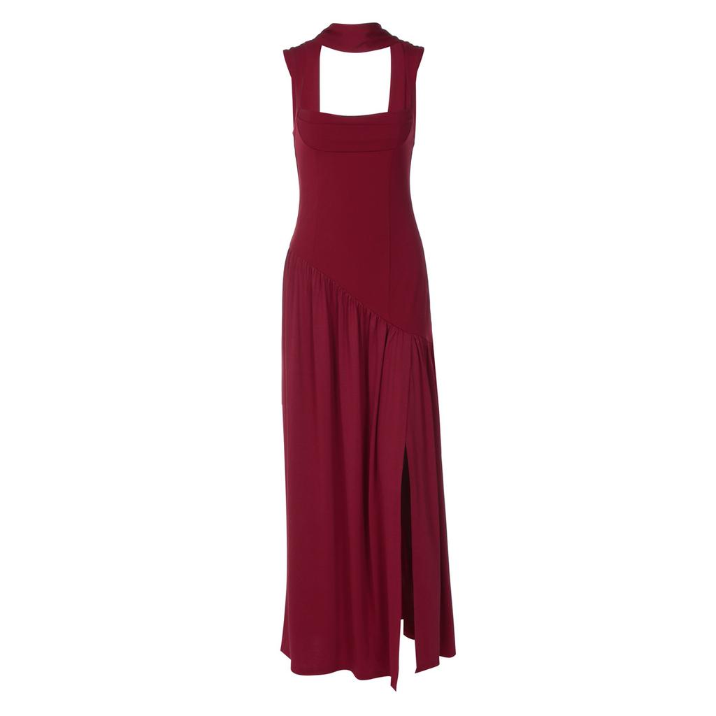 Women Navy Blue Halter Neck Sleeveless Bodycon Maxi Dress with High Slit