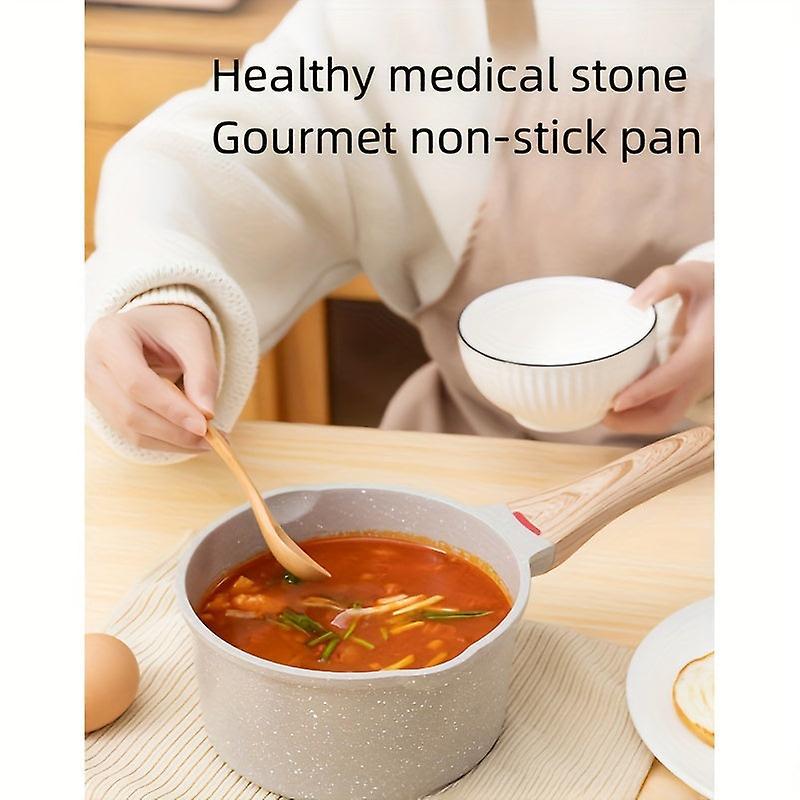 1Pc Medical Stone Saucepan, With Wooden Handle, Non-stick Pot, Small Milk Pot, Baby Food Pot, For Home Kitchen Restaurant,