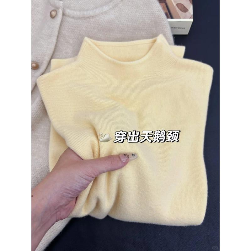 Tender yellow soft waxy semi-turtleneck knitted sweater women's autumn and winter stacked wear inner top versatile bottom long sleeve