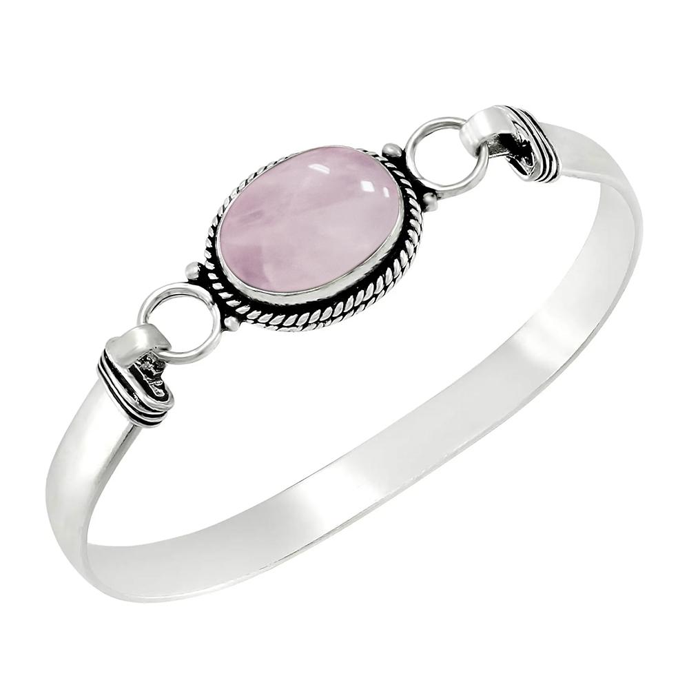 Vintage 925 Silver Natural Rose Quartz Bangle Handmade Oval 10*14mm Pink Natural Stone Bracelets Gifts Fine Jewelry for Women