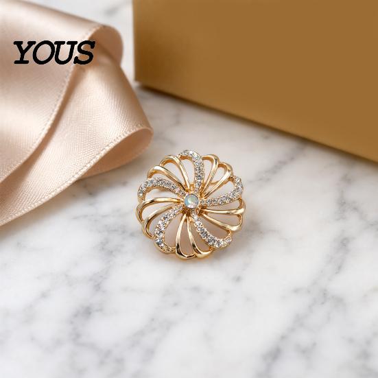 Solid Metal Brooch Pin, Hollow Swirl Flower Pattern Lapel Pin with Rhinestones Inlaid, Durable Spiral Petals Design Versatile Badge for Coats