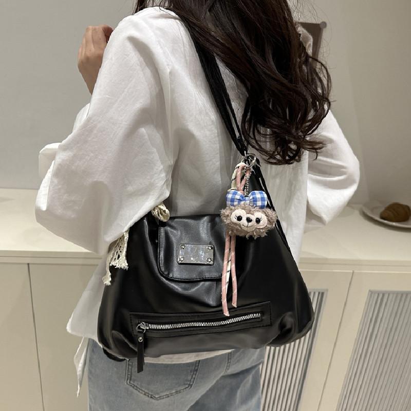 Fashion Solid Color Design Women Casual Tote Bag With Plush Pendant For Casual Outings