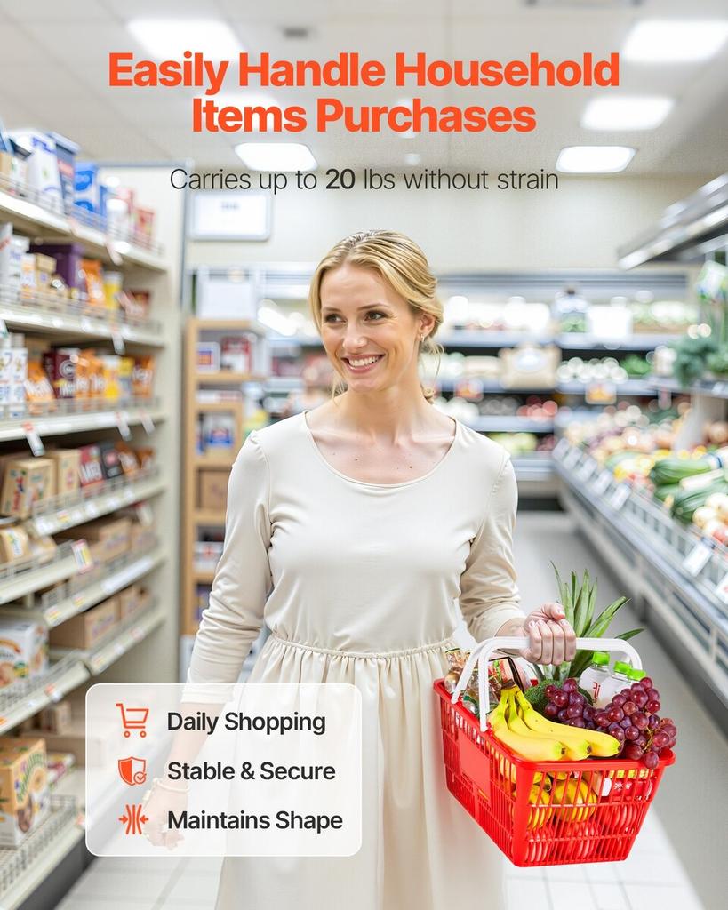 Shopping Baskets, 12 PCS, 21L Stackable PE Plastic Grocery Baskets with Handles, Dense Mesh Structure, Holds up to 9.07kg, Portable for Grocery,