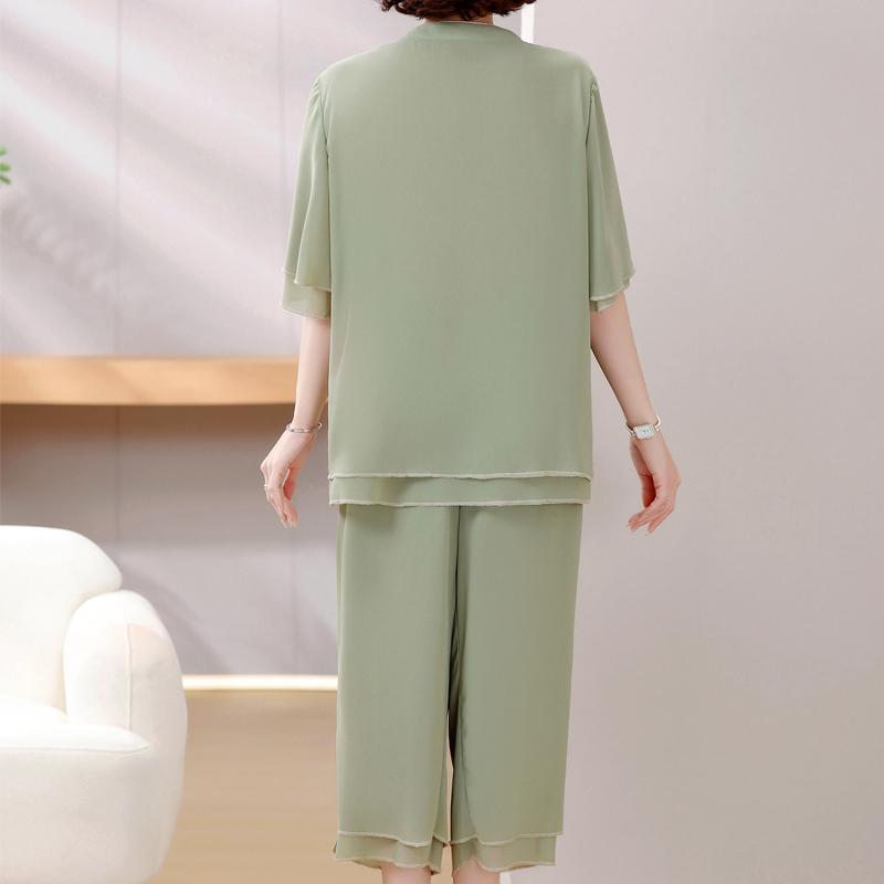 4XL-8XL Plus Size Chiffon Two Piece Sets Women Summer Elegant Summer Clothes for Woman Pants Sets Casual Oversize Blouses