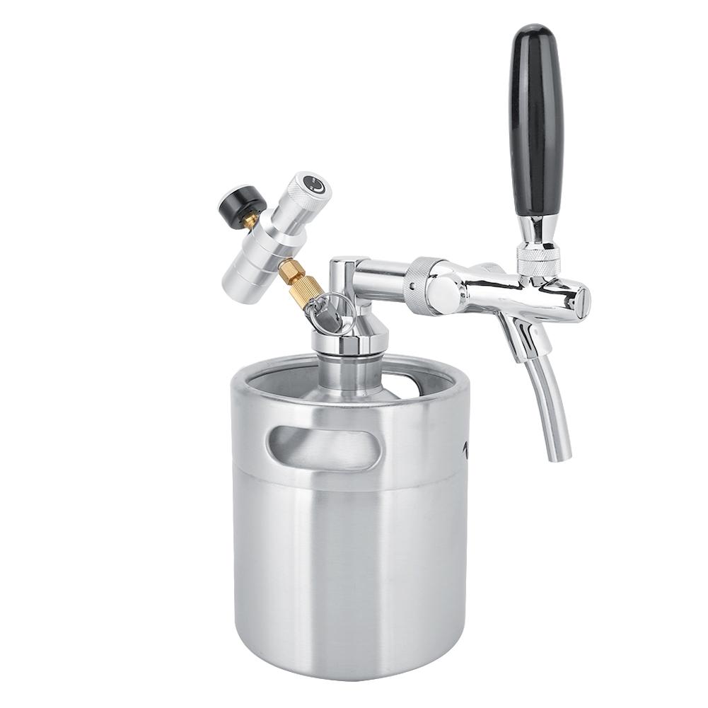 2L Stainless Steel Homebrew Mini Keg Tap Beer Dispenser with 2 Class Pressure Gauge