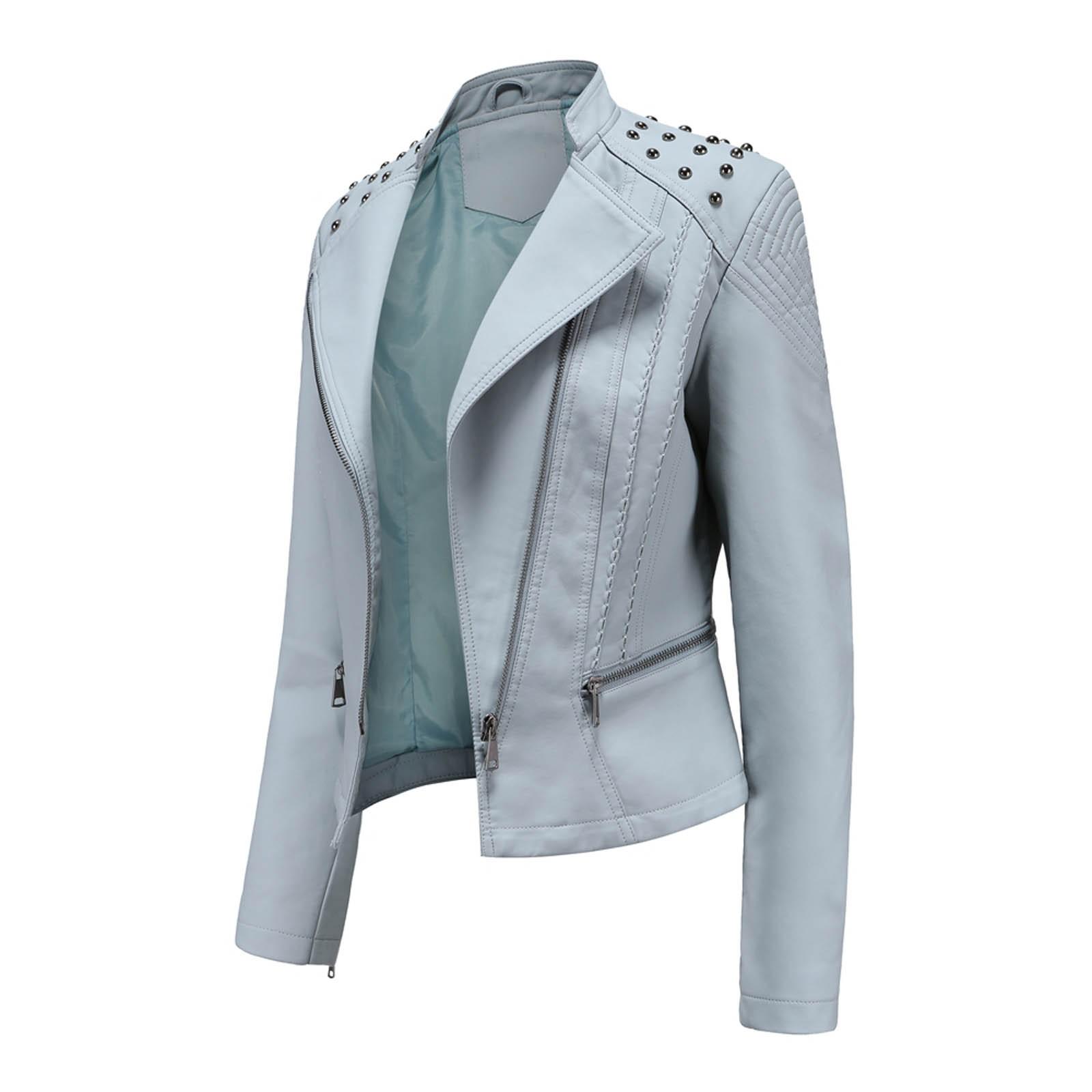 Женский тонкий кожаный панк-отворот на молнии мотоциклетный костюм сшитая куртка XL белый — фото 8