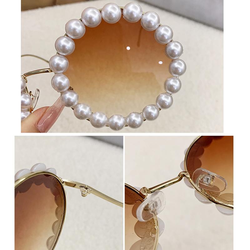 Non-polarized Round Frame Pearl Sunglasses Women Men Ins Fashion Metal Wave Leg Gradient Sun Glasses