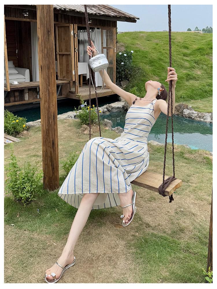 Women's Slim Fit A-line Summer Dress - French Stripe, Contrasting Colors, Elegant Waist Cinched Design