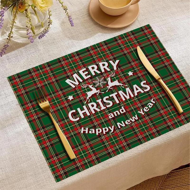 Christmas Linen Placemat Green Checkered Placemat Dining Table Utensil Heat-resistant Heat-insulating Mat Furniture Decoration