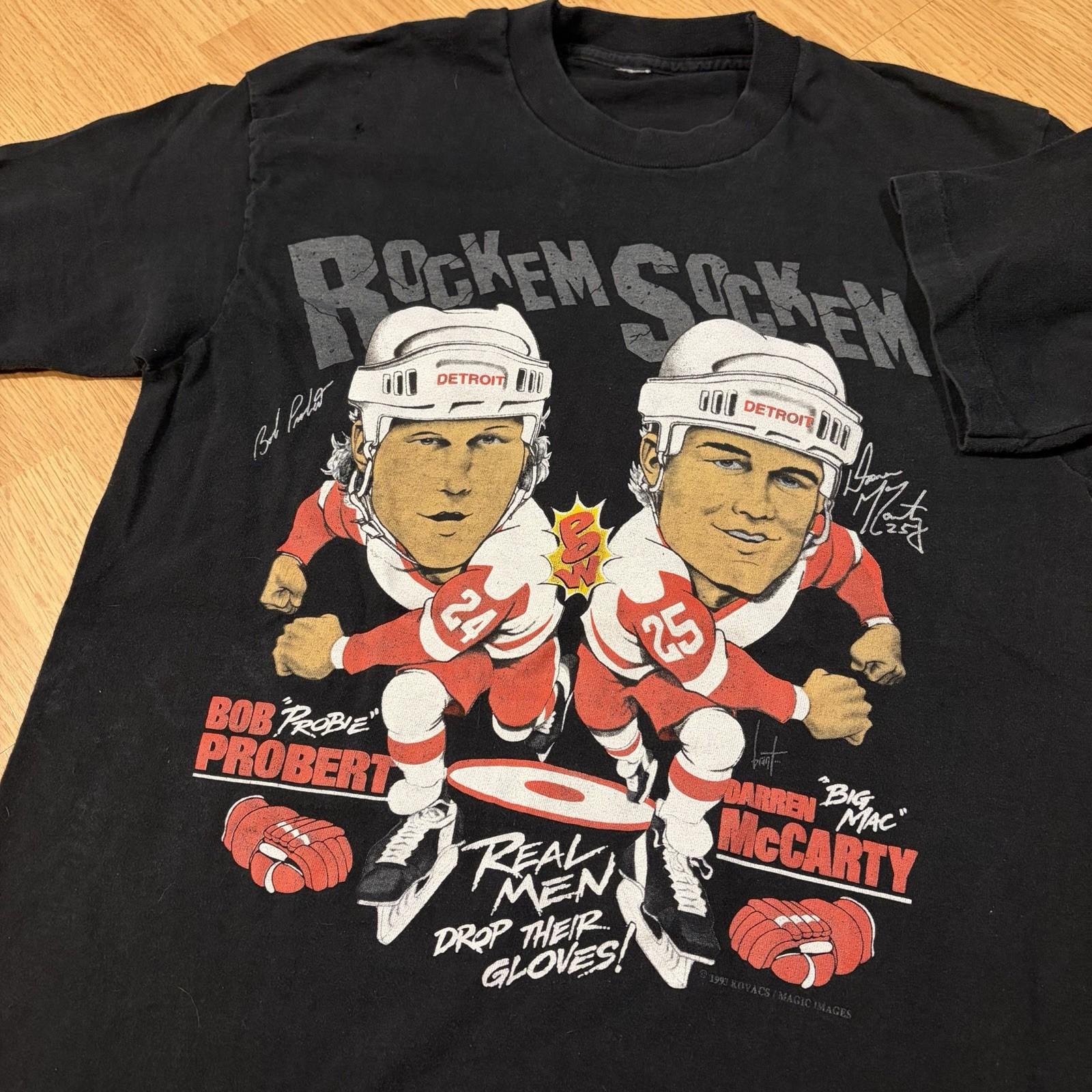 Vintage 90s Detroit Red Wings Rock Em Sock Em Black Shirt Size Medium Rare Unisex T-Shirt XXXL