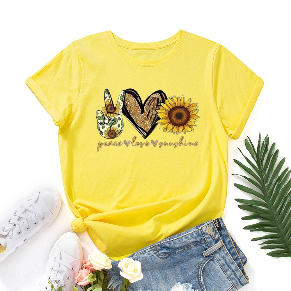 Cotton T-Shirt Short Sleeve Round Neck Women 2d Print Tops