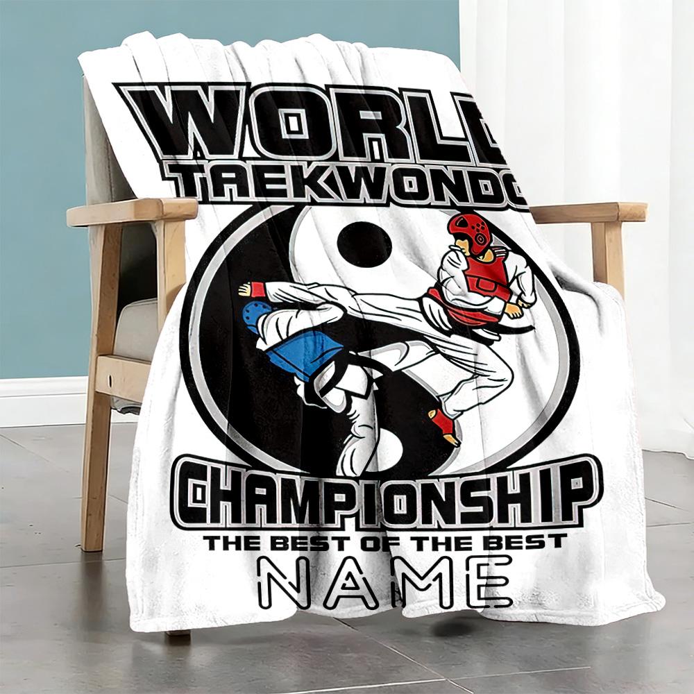 Blue Taekwondo Personalized Name Blanket Lightweight Customizable Blanket Ultra-Soft Great for Home Decor Nap Living Room Bedding All-Season Use
