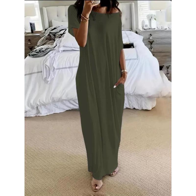 Popular European and American summer new women's clothing solid color short-sleeved long casual dress