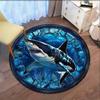 Blue Stained Glass Shark Round Rug Crystal Velvet Floor Mat Ocean Animal Art Decorative Home Bedroom Living Room Area Rug