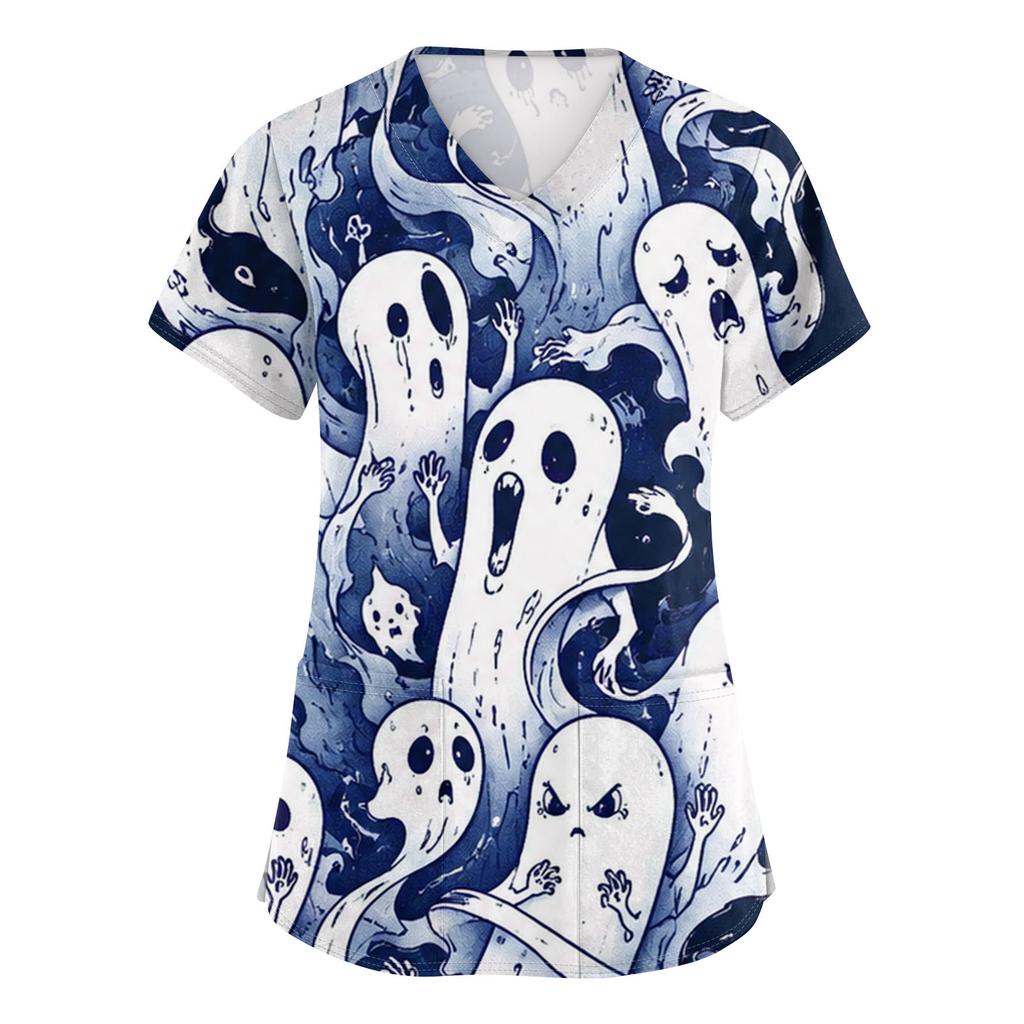 Women's V Neck Halloween Print Short Sleeve Medical Scrub Top with Pocket Side Slit Design Suitable for Healthcare Professionals
