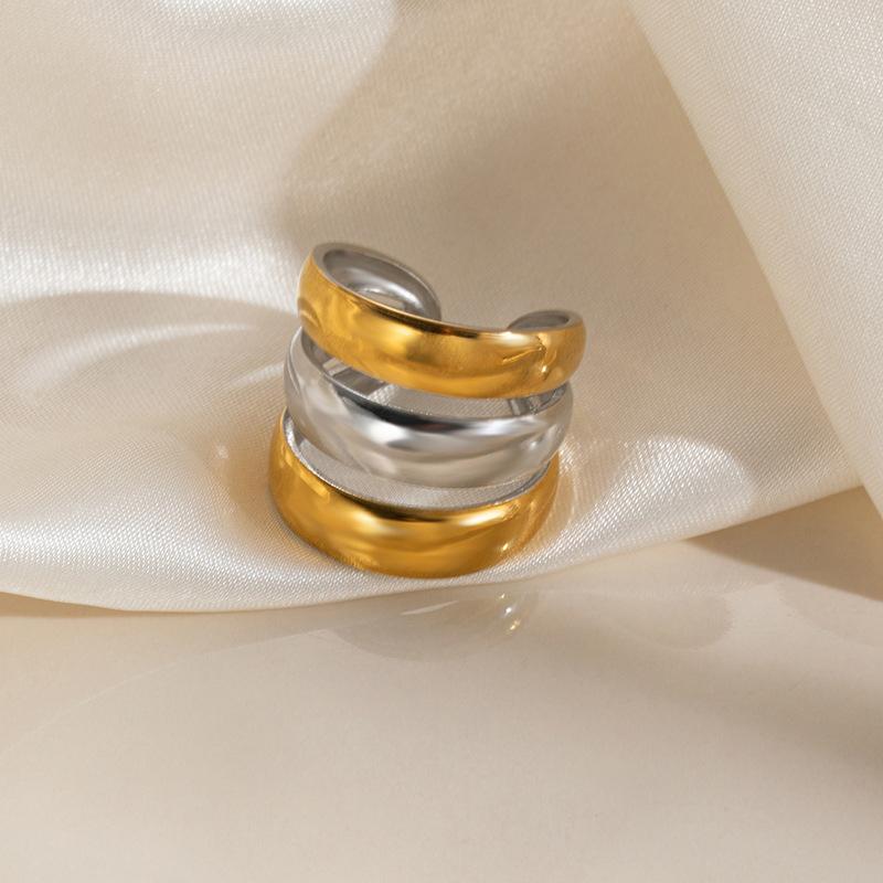 Stainless Steel Geometric Hollow Ring for Neutral Irregular Two Tone Open Ring Fashion Exquisite Colorfast Banquet Jewelry Gifts