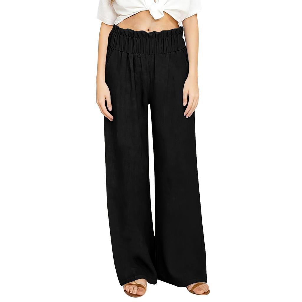 Linen Casual Wide Leg Pants For Women Elastic Waist Versatile Business Casual Work Palazzo Trousers With Pockets