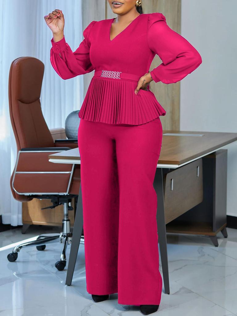 Elegant V-neck Long Sleeve Top & Wide Leg Pants Set for Women