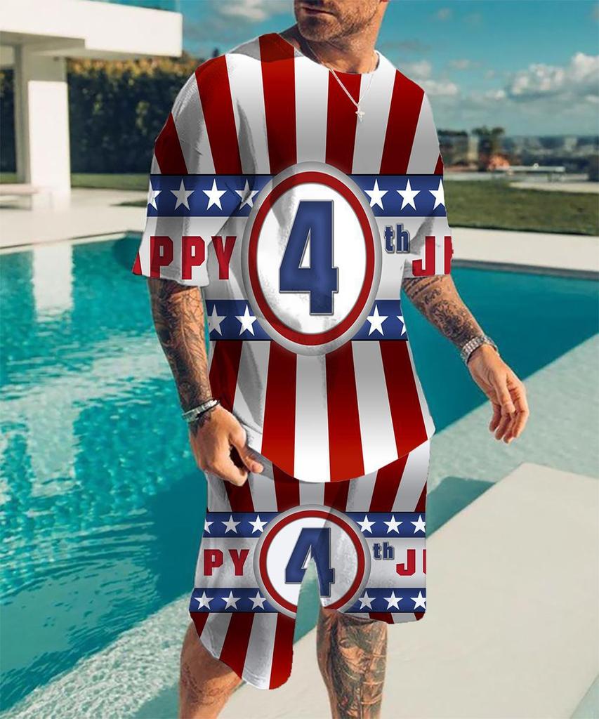 Vintage Style Men's Beach Shorts Set 3D USA Flag Print Short Sleeve T-shirt+Shorts 2 Pcs Set Summer Oversized Tracksuit Suit