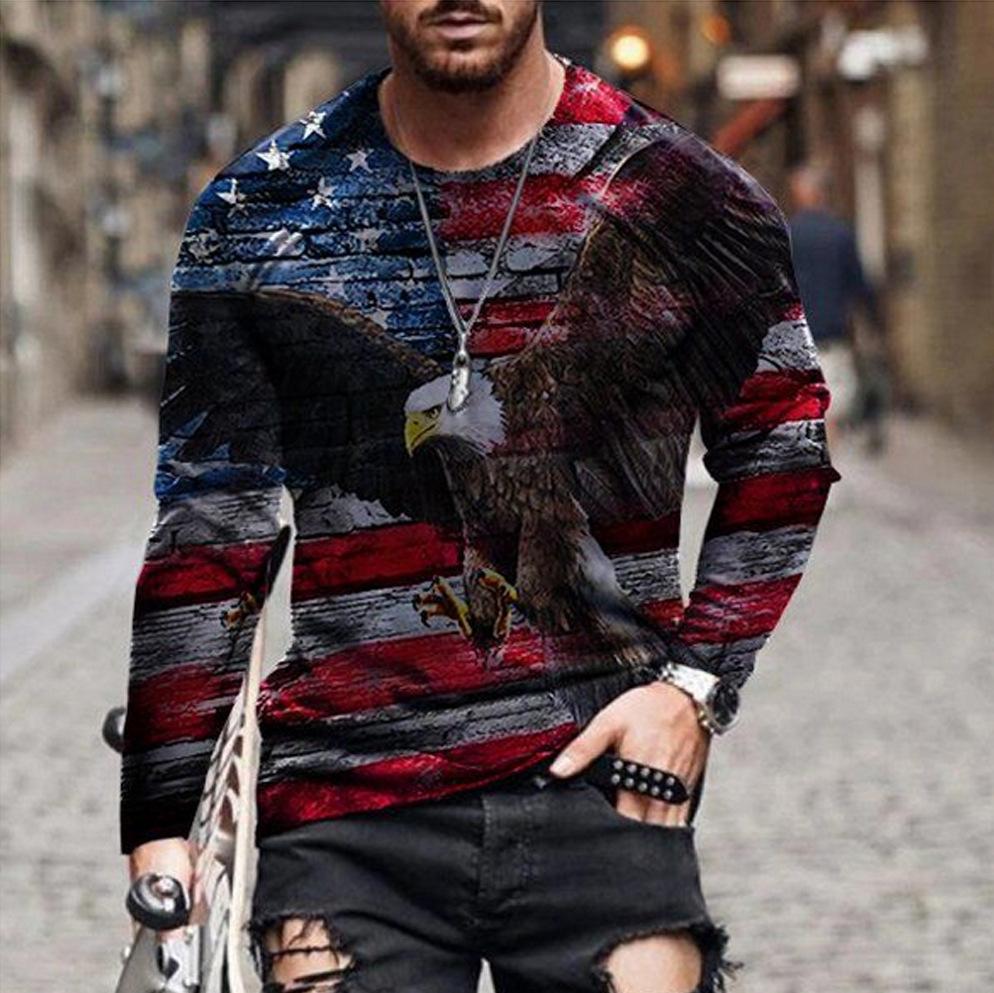 Spring and Autumn Round Neck 3D American Flag and Eagle Printed Top Fashionable Casual Long Sleeved Men's T-shirts