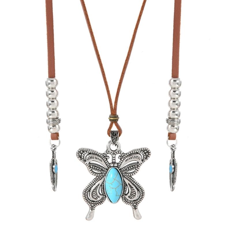 

Fashionable Turquoise Butterfly Pendant Necklace Lightweight PU Alloy Neckchain Jewelry For Women Casual Wear 1