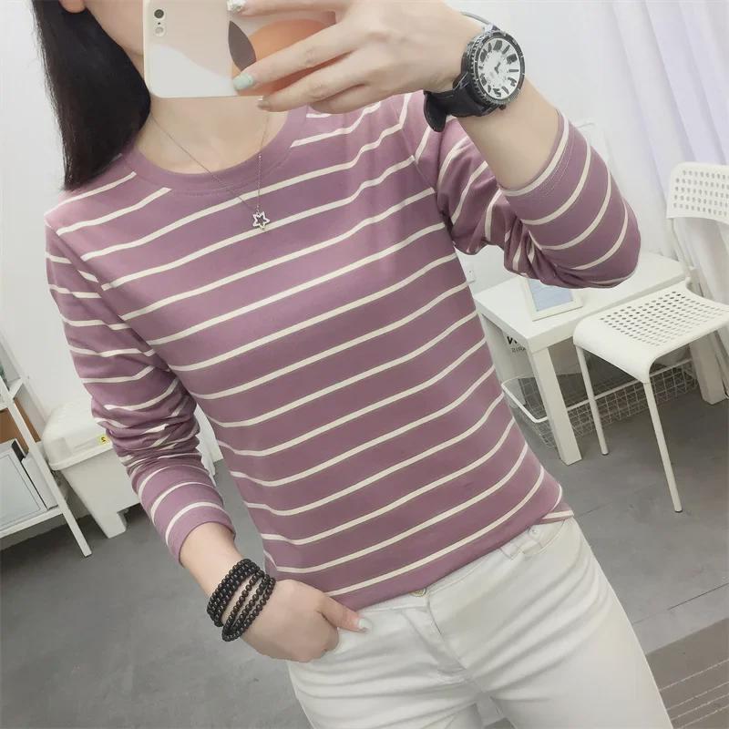 Women's Long-Sleeve Striped Cotton Top - Loose Fit, Belly-Covering, Ideal for Spring and Autumn Layering