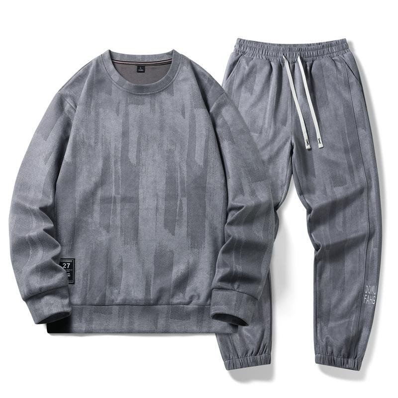 Eğlence Spor Takım Elbise Erkek İlkbahar ve Sonbahar Yuvarlak Boyun Kazak Gevşek İki Parçalı Set