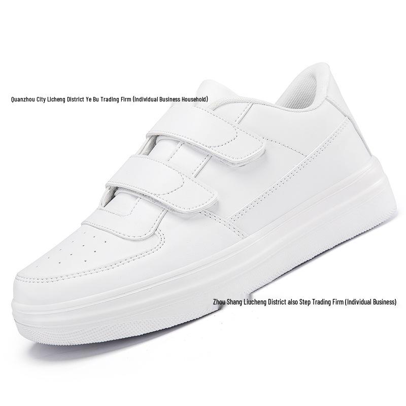 Men's Large Velcro White Low-Top Sneakers - Lightweight Casual Sports Shoes with Thick Soles