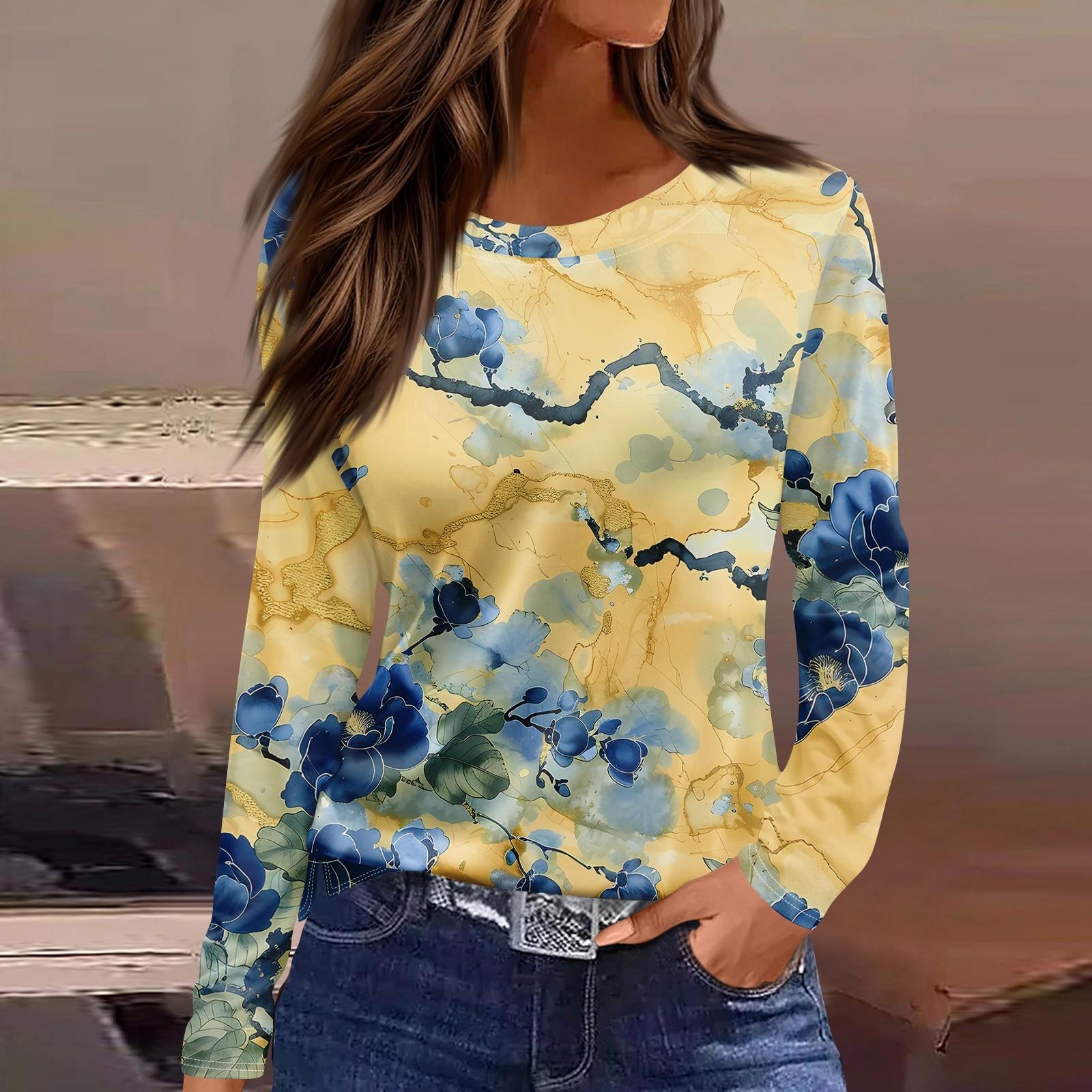 

Женская модная повседневная свободная футболка с принтом и круглым вырезом с разрезом и длинным рукавом, женский топ XL жёлтый