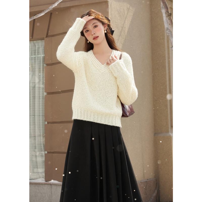 Women s V-Neck Ribbed Chunky Knit Sweater One Size