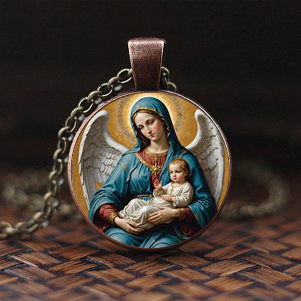 Virgin Mary Mother of Jesus Pendant Necklace, Christian Time Gem Pendant