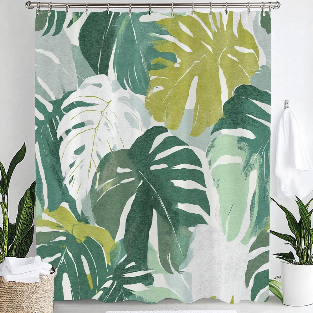 Leaves Print Shower Curtain,Tropical Plants and Leaves Bathroom Decoration Curtain Partition Privacy Hanging Curtain with Hooks