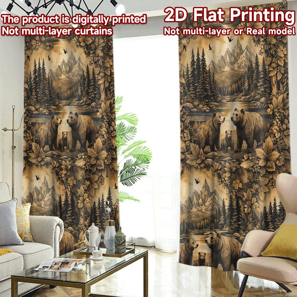 2D FLAT PRINTING 2pcs Curtains (Without Rod) Bears in Forest Landscape Modern Curtains Digital Printed Polyester Curtains Gift