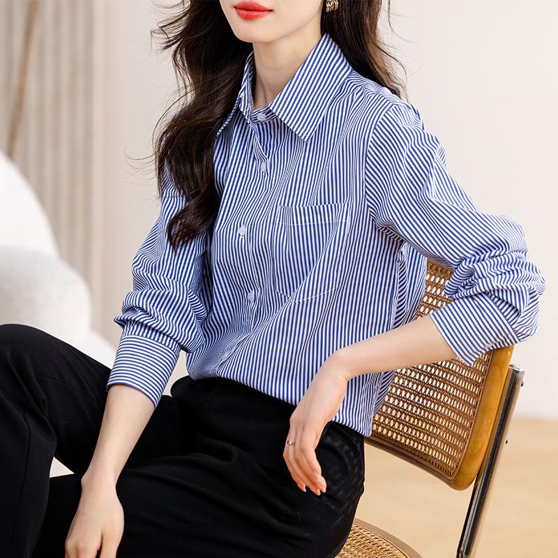 Women's Blue Striped Long Sleeve Shirt - 2026 Spring Slim Fit, Fashionable & Professional Design