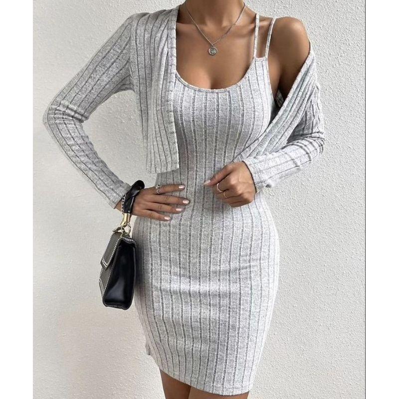

Women clothes European and American Fashion Simple Sexy Set Sexy Sling Tight Short dress with Small Coat Fashionable Two-piece Set Autumn Light gray XXL