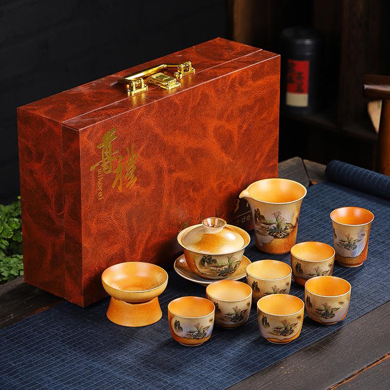

Firewood tea set, household kung fu ceramic cover bowl, retro tea cup, complete set of business gifts for customers