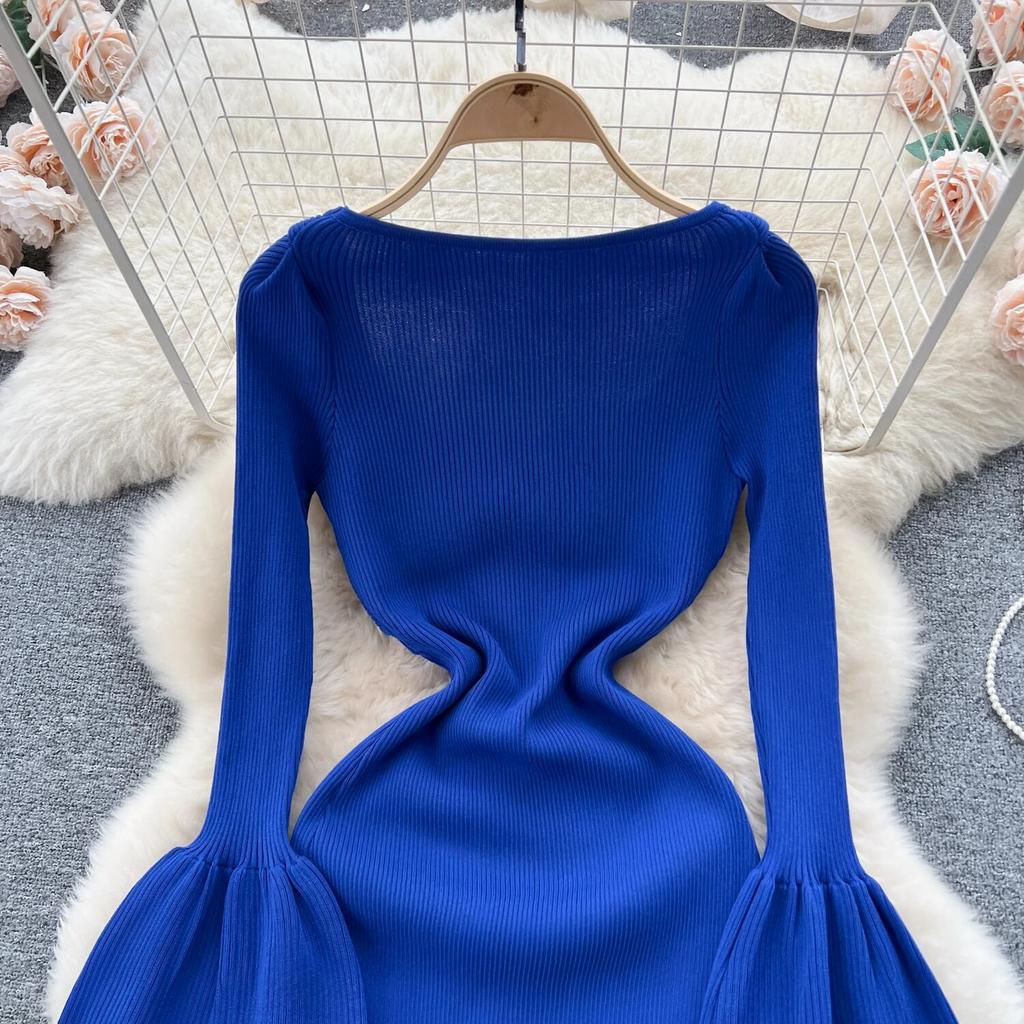 Sexy Bodycon V Neck Flare Pletené šaty s dlouhým rukávem Elegantní Elegantní Vestidos Podzimní Ženy Módní Hip zavinovací šaty