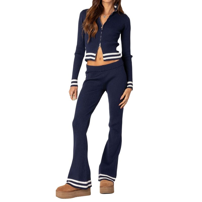 

Striped Cardigan Top + Straight Leg Pants Stripe Cardigan Top + Straight Pants Navy Blue L