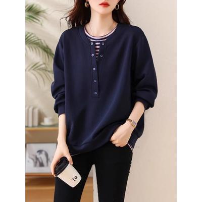 Round Neck Splicing Fashion Fake Two-piece Long-sleeved Sweatshirt Women's Loose Casual Top