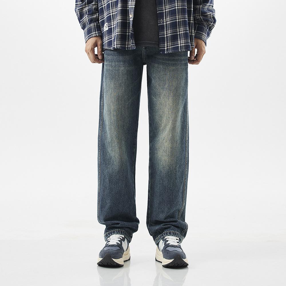 Retro loose American street jeans men's and women's casual fat mopping pants washed blue retro straight pants