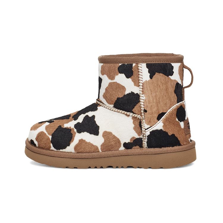 

UGG Классические мини-ботинки с круглым носком, на толстой подошве, плюшевые, теплые, короткие, для снега, с принтом коровы, детские ботинки 1123619K-CHE