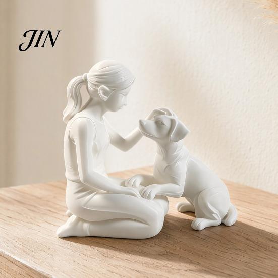 Jedinečná ručně vyráběná památka na mazlíčka 3D tištěná figurka dívky se psem, minimalistická dřepící socha pro domácí dekoraci, emoční dárek soustrasti, léčení