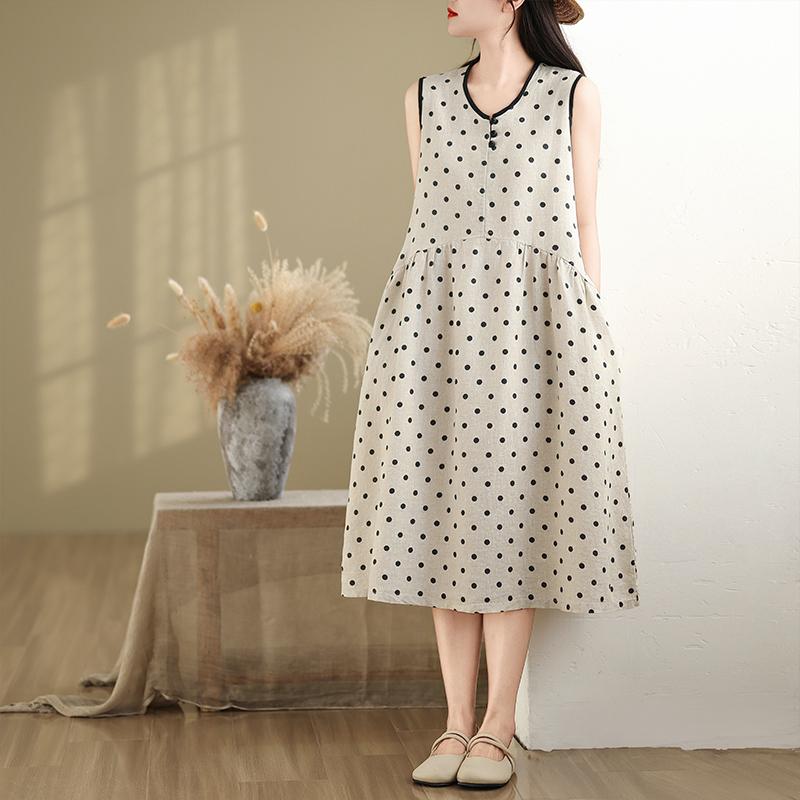 Sleeveless Plus Size Cotton Linen Vintage Dot New In Dresses for Women Casual Loose Long Summer Dress