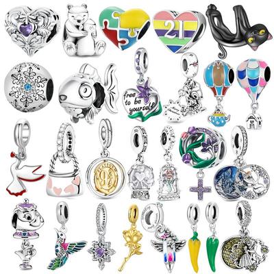 Real 925 Sterling Silver Violet And Bird Charm Pendant Fit Brand Bracelet Animal Beads Delicate Jewelry For Women