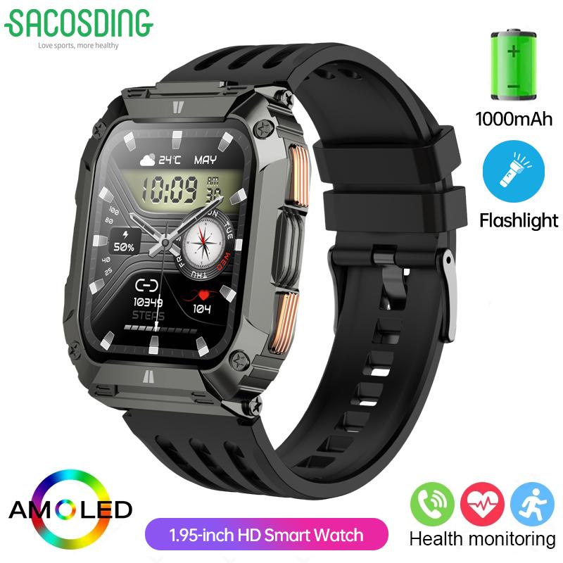 

Новые часы со сверхдолгим временем ожидания 1000 мАч 1,95-дюймовый AMOLED-экран BT-звонок Смарт-часы Мужские Уличный Фонарик Спортивный Фитнес-браслет Мужские