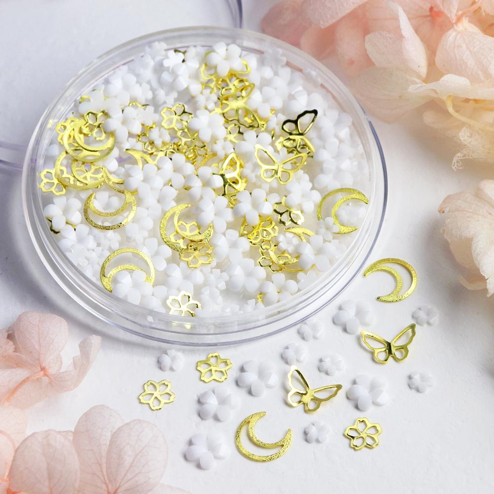 1box Luxury Pink White 3D Mini Acrylic Flower Rivet Nail Art Charms Mixed Metal Flower Butterfly Nails Decoration Accessories
